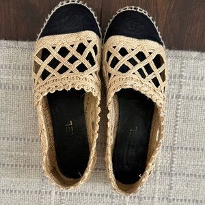 CHANEL Beige Crochet Espadrilles with Black Cap Toe